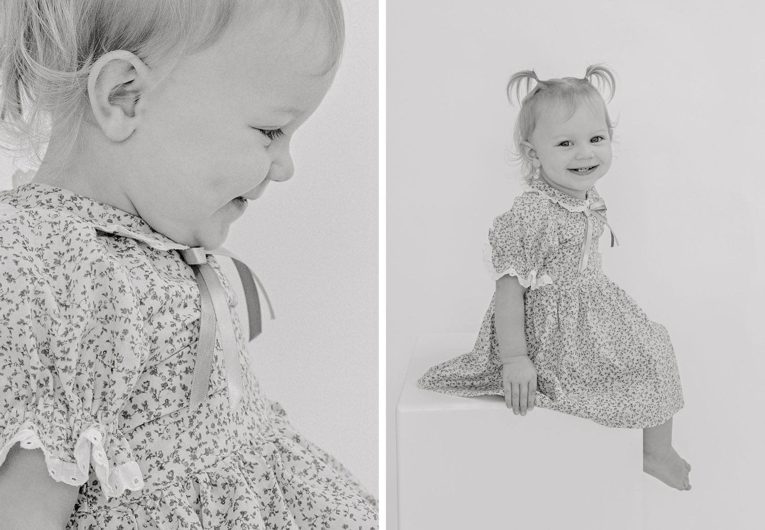 Black and white portraits of a young child in a floral dress showing side view and full length poses.