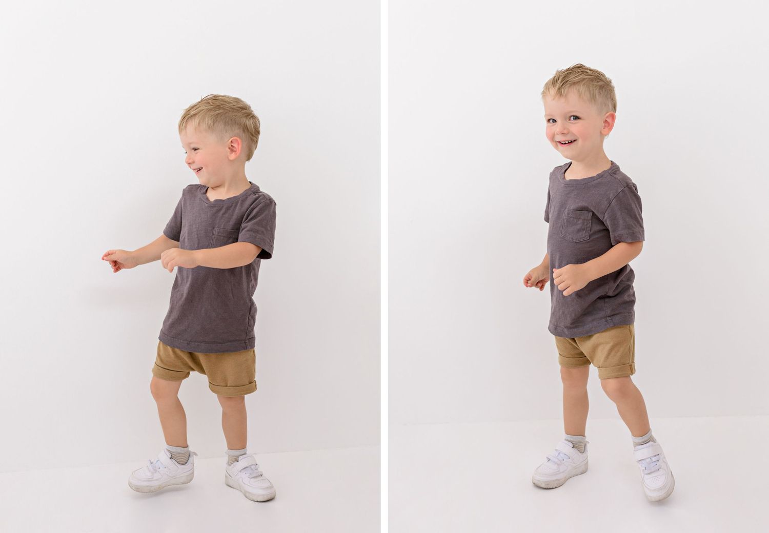 Side by side photos show a child in a brown t-shirt and tan shorts playing and moving against a white backdrop.