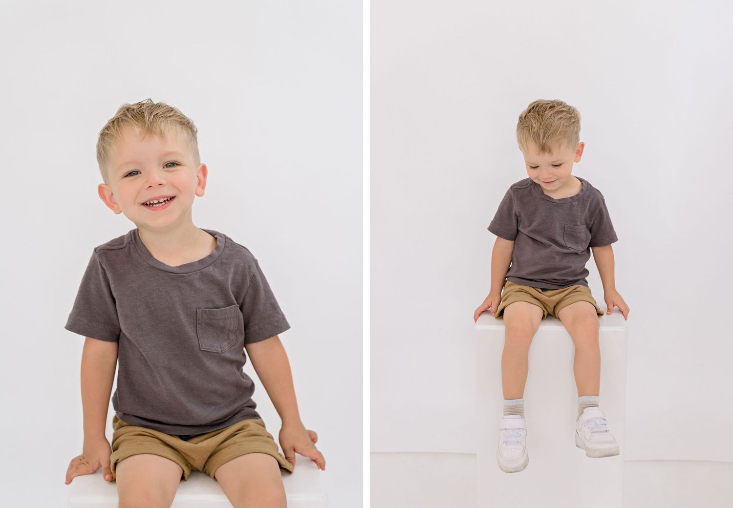 Two photos of young child in grey t-shirt and khaki shorts sitting against white backdrop.