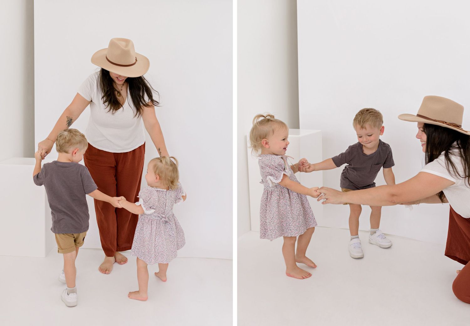Candid studio photos of playful dance moments between children and adult in casual attire against white background.