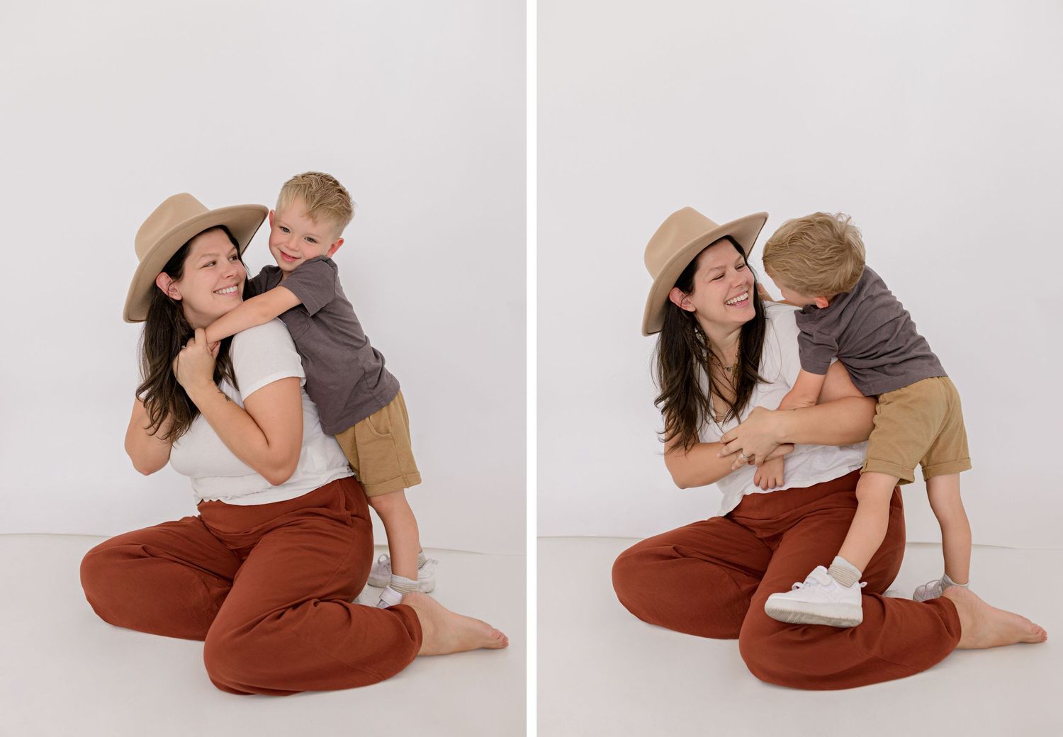 Sweet lifestyle session showing playful interaction between mother and young child in casual relaxed studio setting.