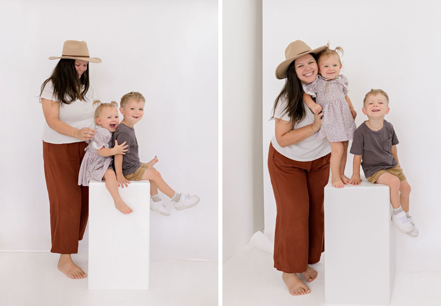 Lifestyle portrait of family in neutral colors posing against white wall in summer casual outfits.
