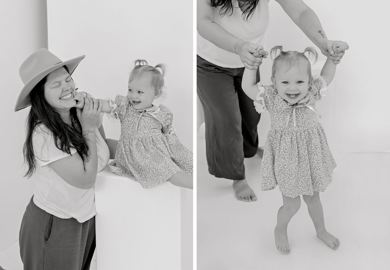 Two black and white photos show sweet candid moments of playful interaction.