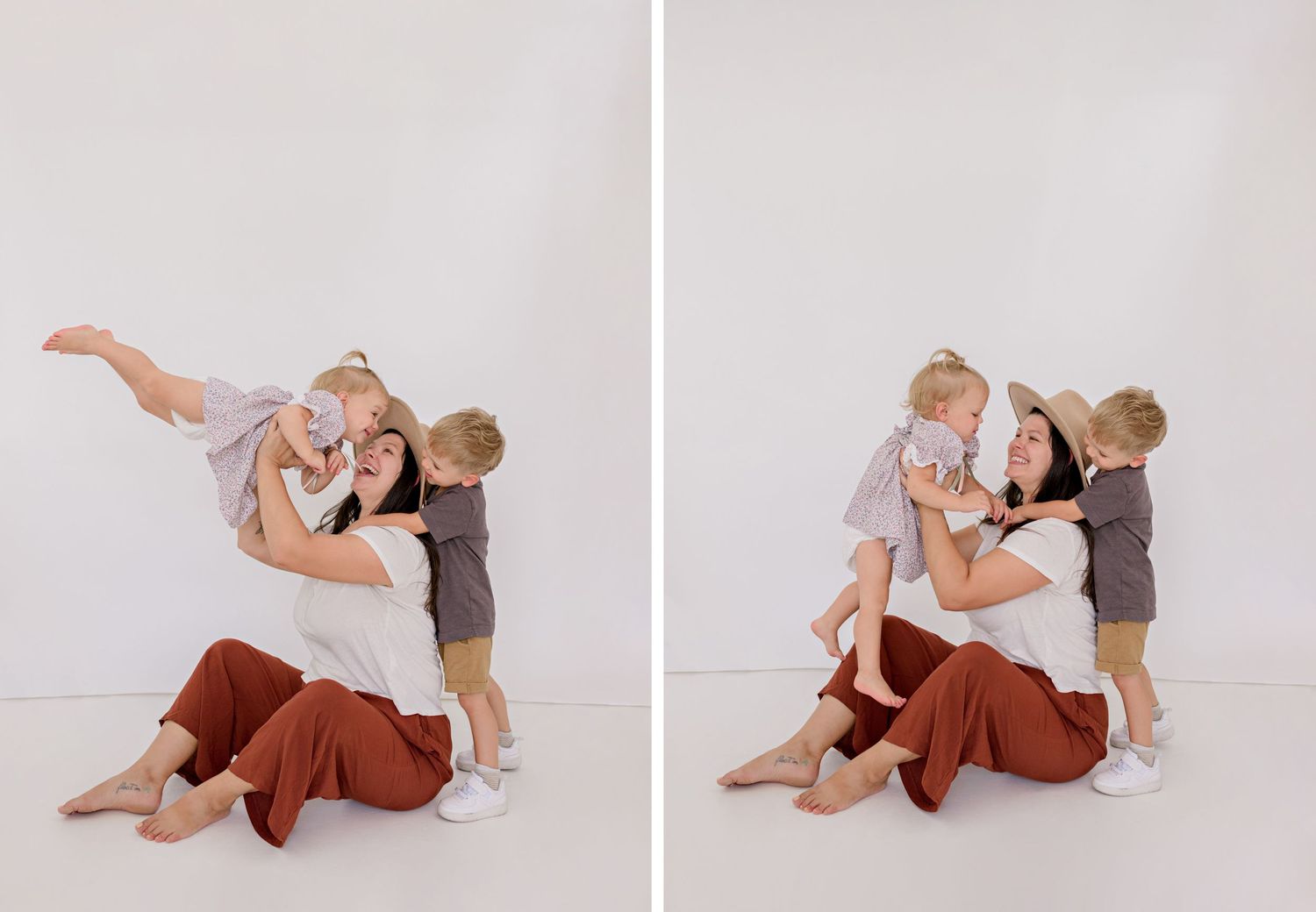 Two heartwarming studio portraits show tender moments of interaction on a light backdrop.