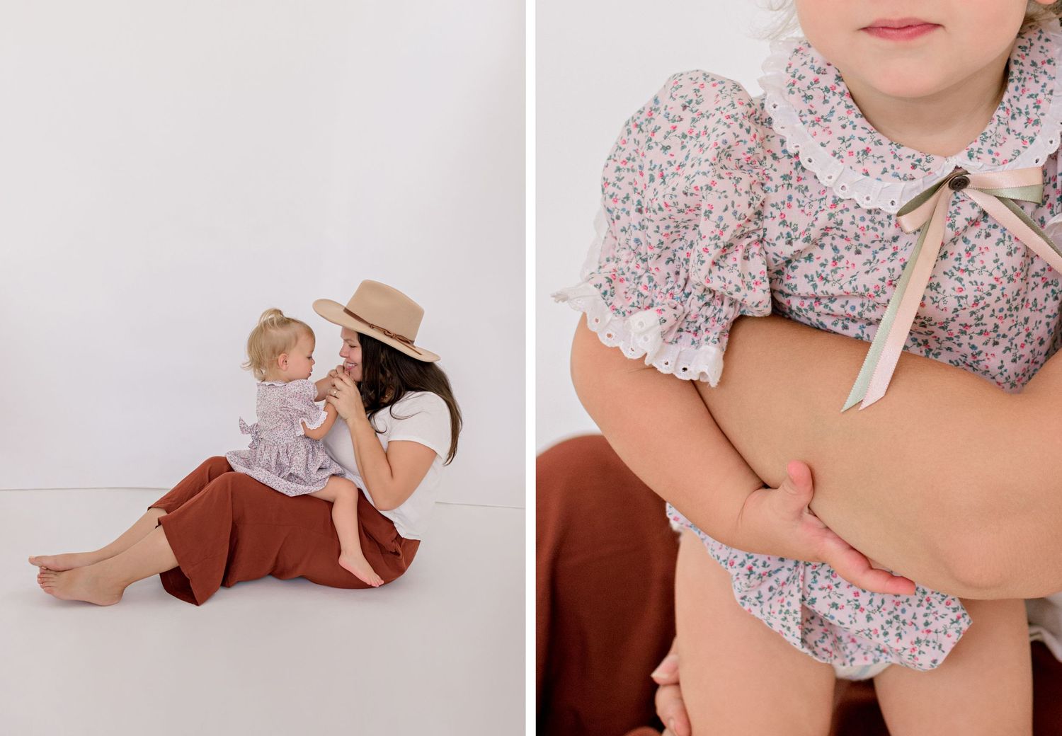 Two images showing coordinated outfits with floral top and rust-colored bottoms in a minimalist studio setting.