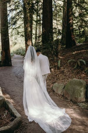 A wedding couple stands on a forest path with a long flowing white veil trailing behind them in dappled sunlight.