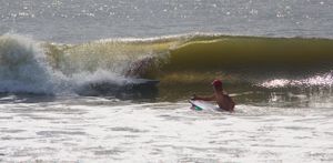 Surfer rides through the curl of a breaking ocean wave.