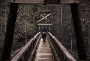 A lone figure walks across a wooden suspension bridge in a misty forest.