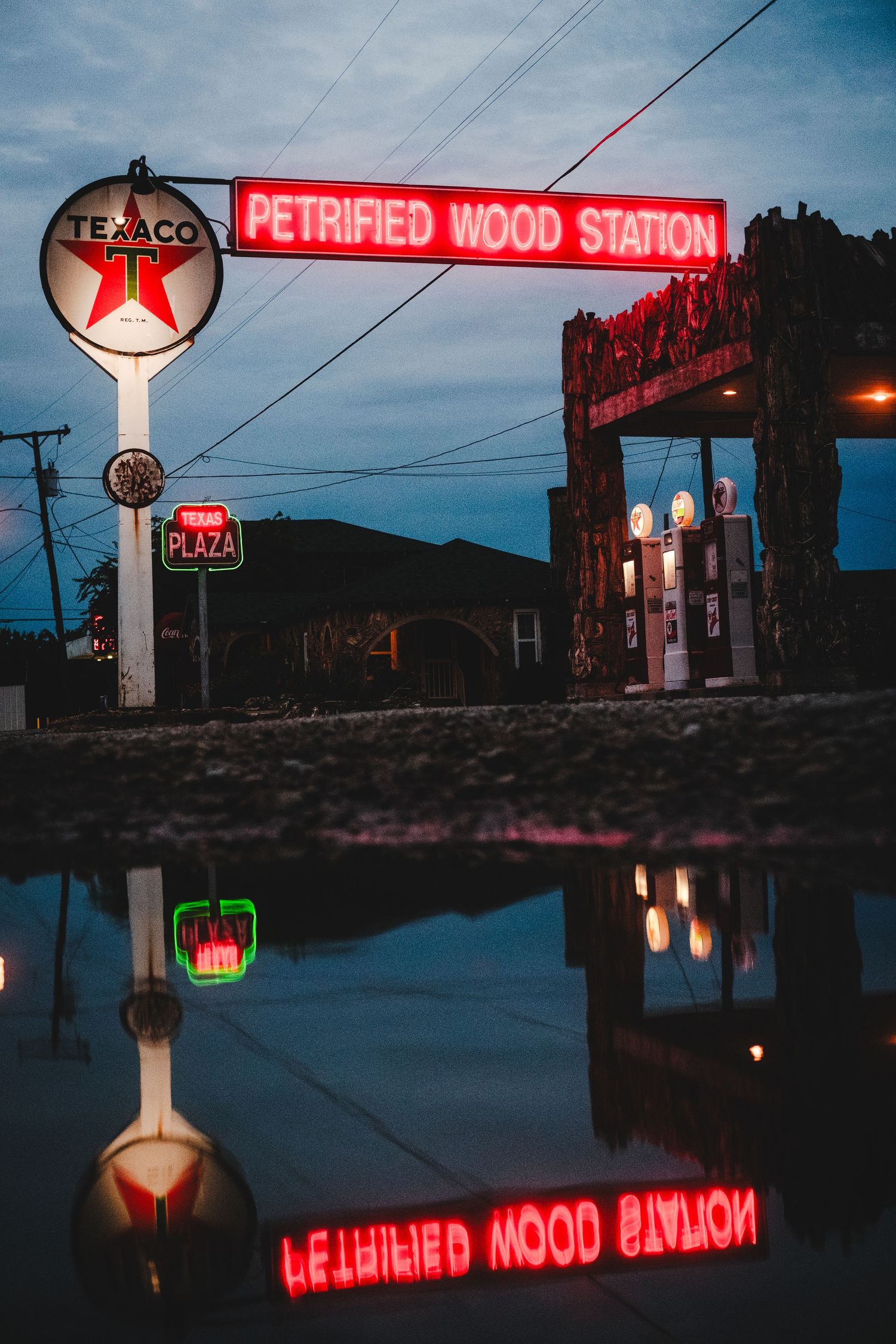 Vintage Texaco gas station and Petrified Wood Station signs illuminated at dusk with reflections in water below.