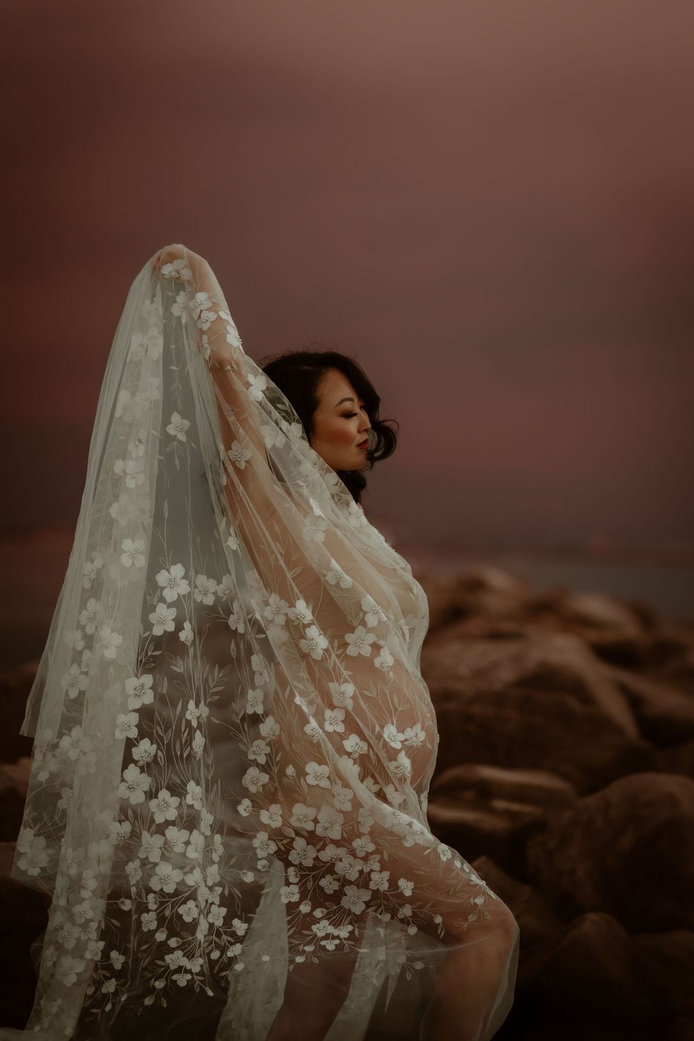 Ethereal bridal portrait with a delicate floral lace veil flowing in the wind against a moody desert landscape at sunset.