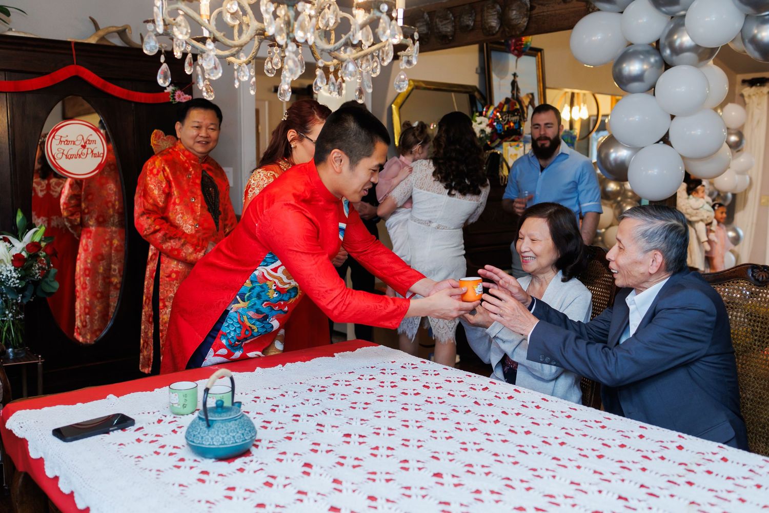 Chinese tea ceremony before a wedding celebration