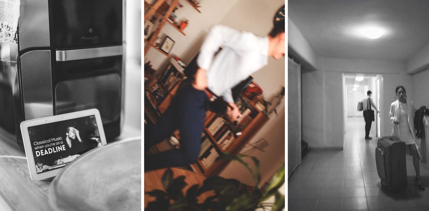 A montage of monochrome surveillance camera views showing different angles of indoor spaces.