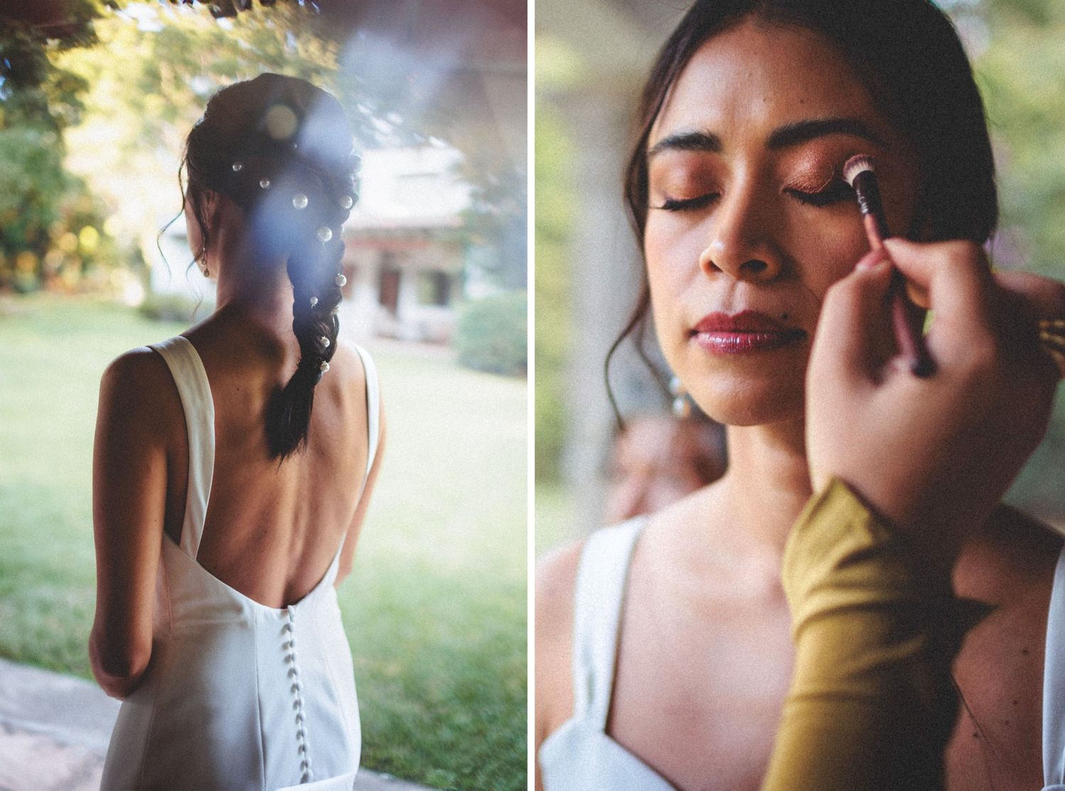 Two people share intimate moments in a series of soft, romantic outdoor photo captures in warm lighting.