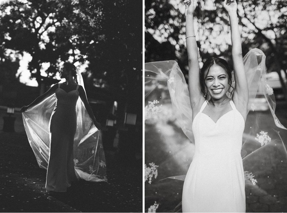 Black and white candid wedding photos show joyful moments during a celebration outdoors.