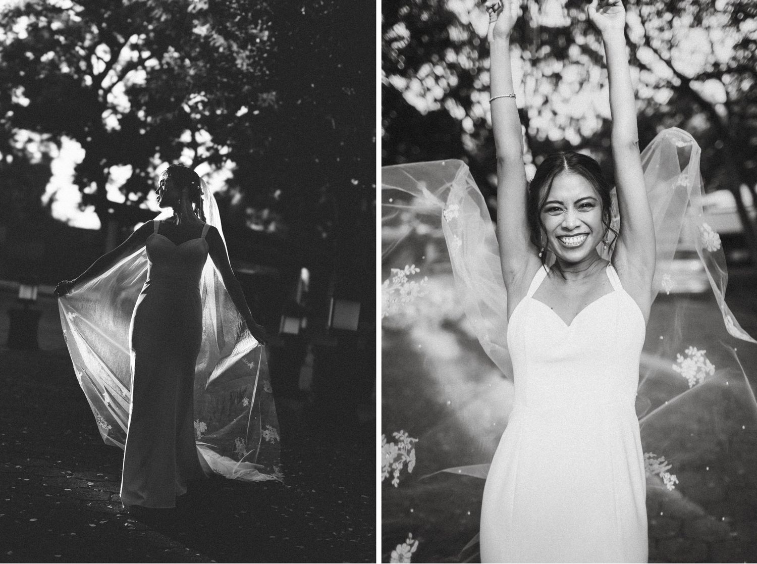 Black and white candid wedding photos show joyful moments during a celebration outdoors.