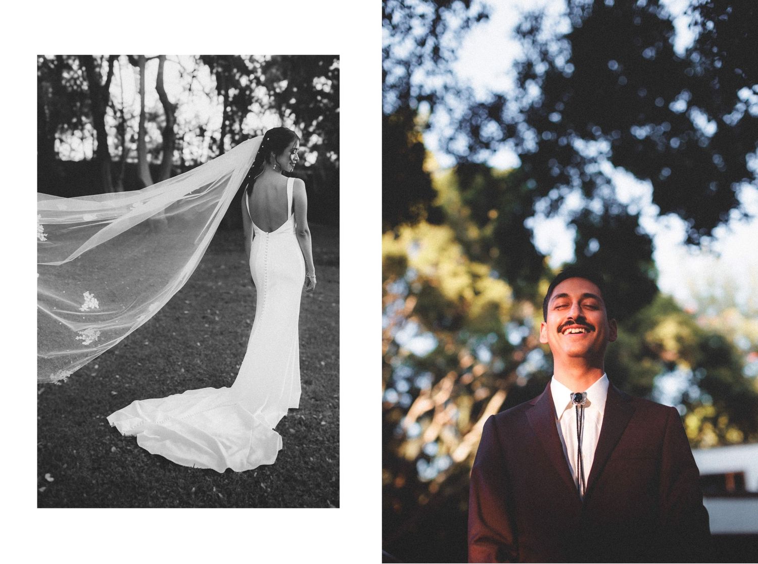 A joyful couple shares tender moments during their outdoor wedding celebration in black and white and color photos.