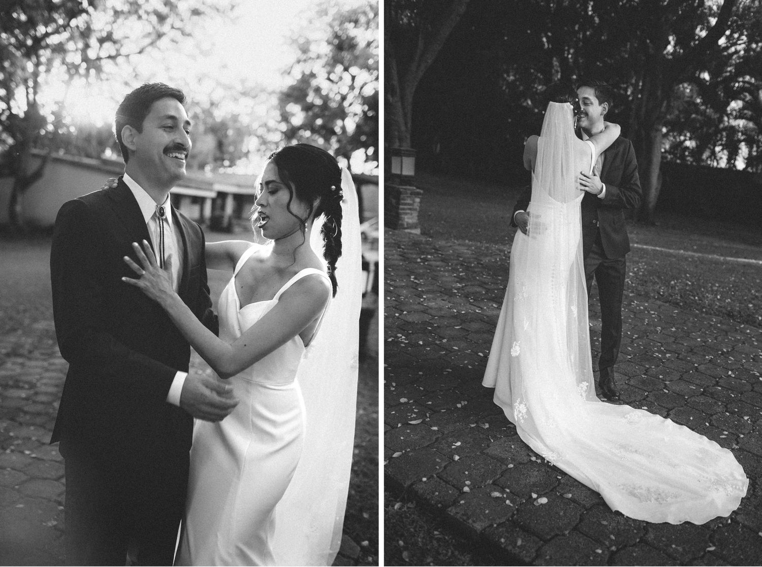 A romantic wedding couple dancing together outdoors in black and white photos showing different poses and moments.