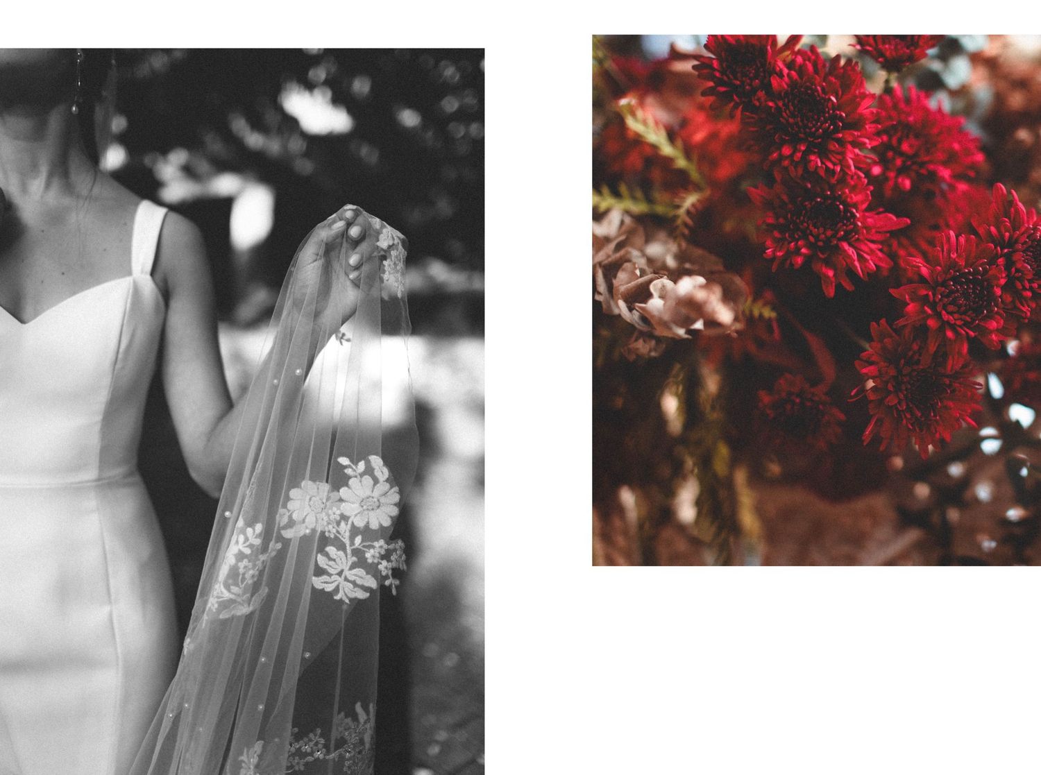 A delicate lace veil flows in the breeze next to deep red chrysanthemum flowers in a side-by-side composition.