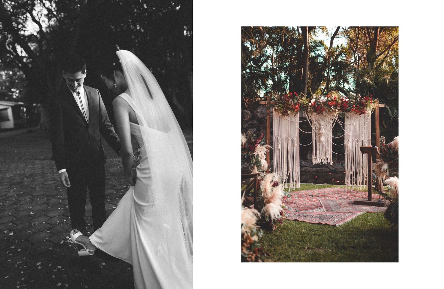 Wedding photography collage showcasing outdoor venue details with vintage garden styling and elegant formal attire.