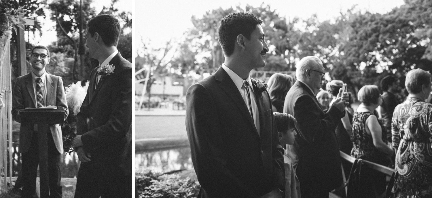 Two black and white photos show people standing outdoors during a formal gathering in a garden or park setting.