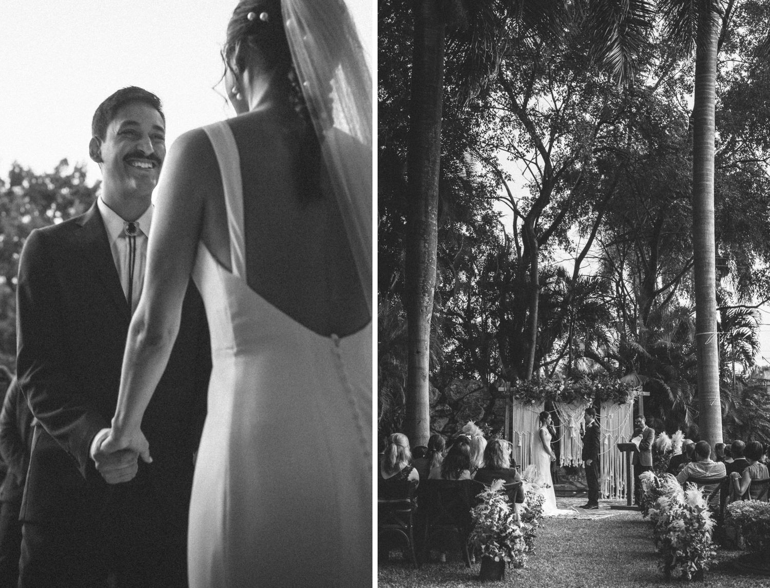 Black and white photo sequence captures walking moments under tall trees in a park or garden setting.