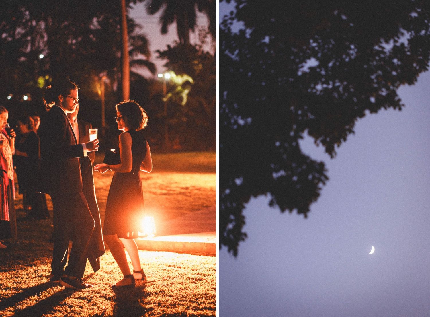 People gathered around a warm campfire at night with a dusky purple sky and crescent moon in companion shot.