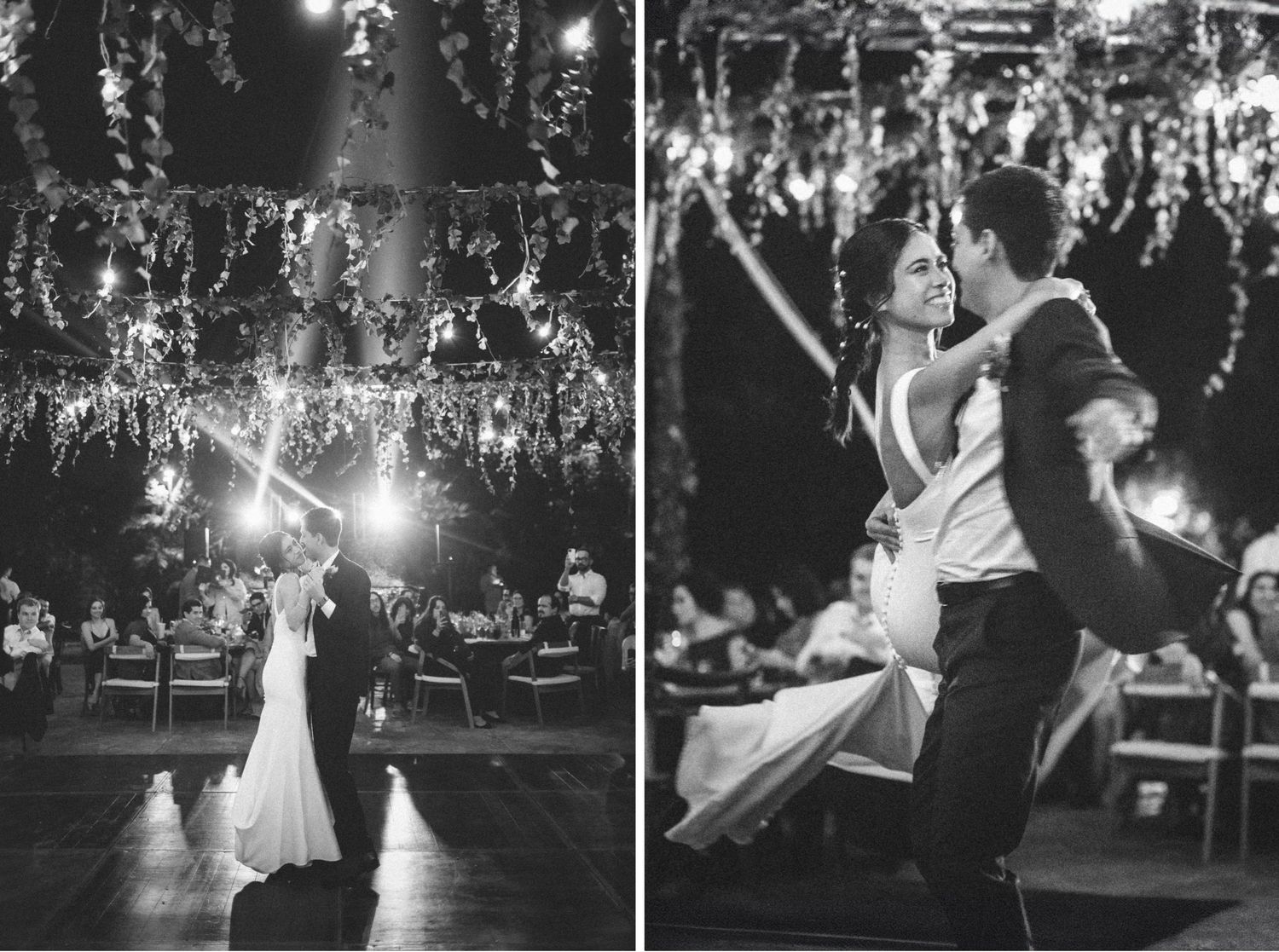 A wedding couple shares their first dance together under romantic string lights at an elegant outdoor evening reception.
