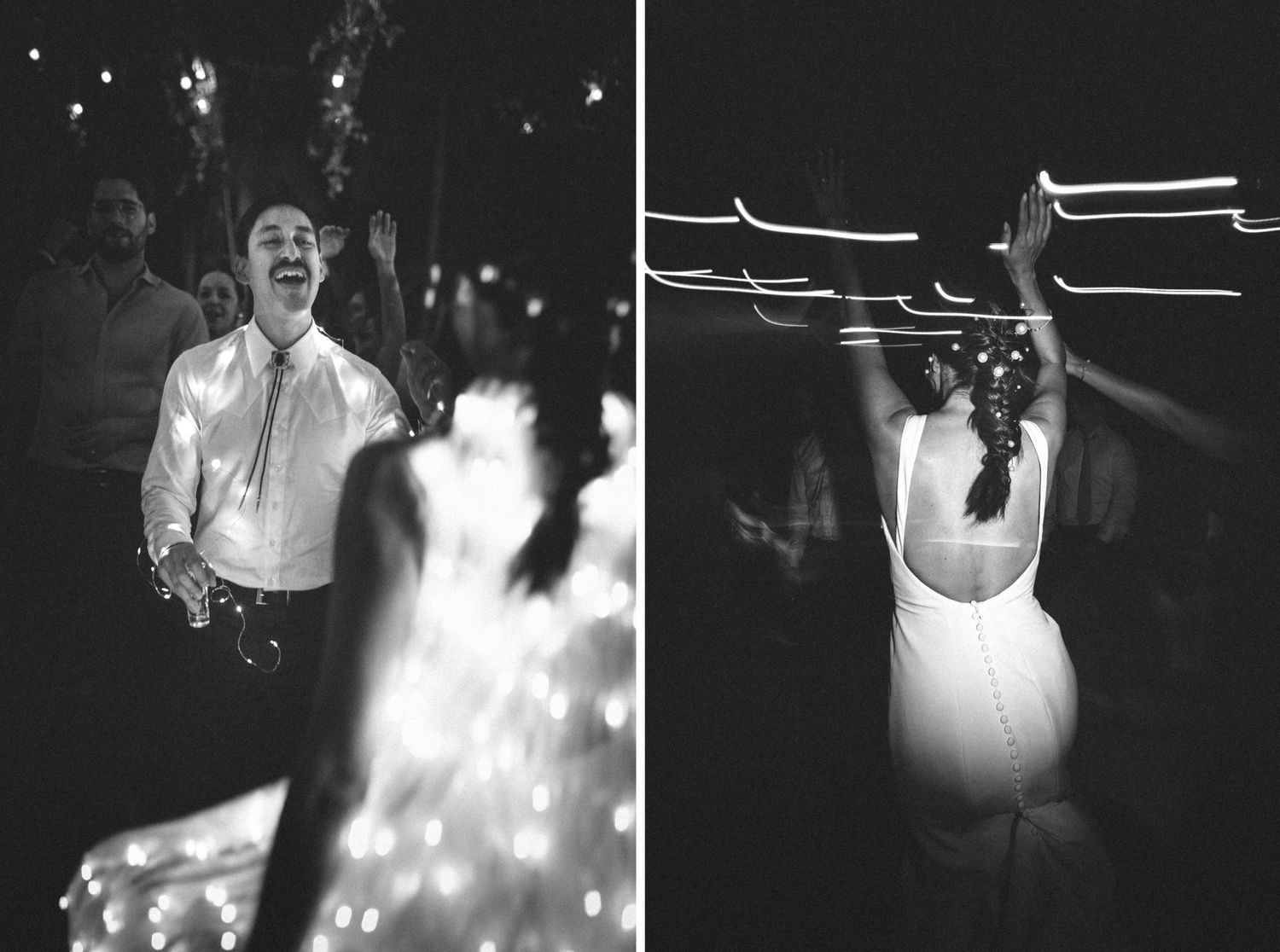 Two dynamic black and white performance photos show dramatic stage moments with theatrical lighting and movement.