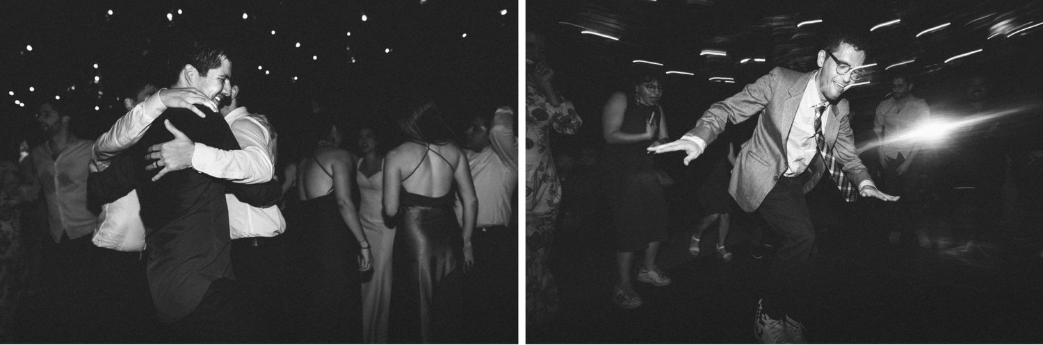 Black and white photos show energetic crowd dancing and jumping during a concert performance.