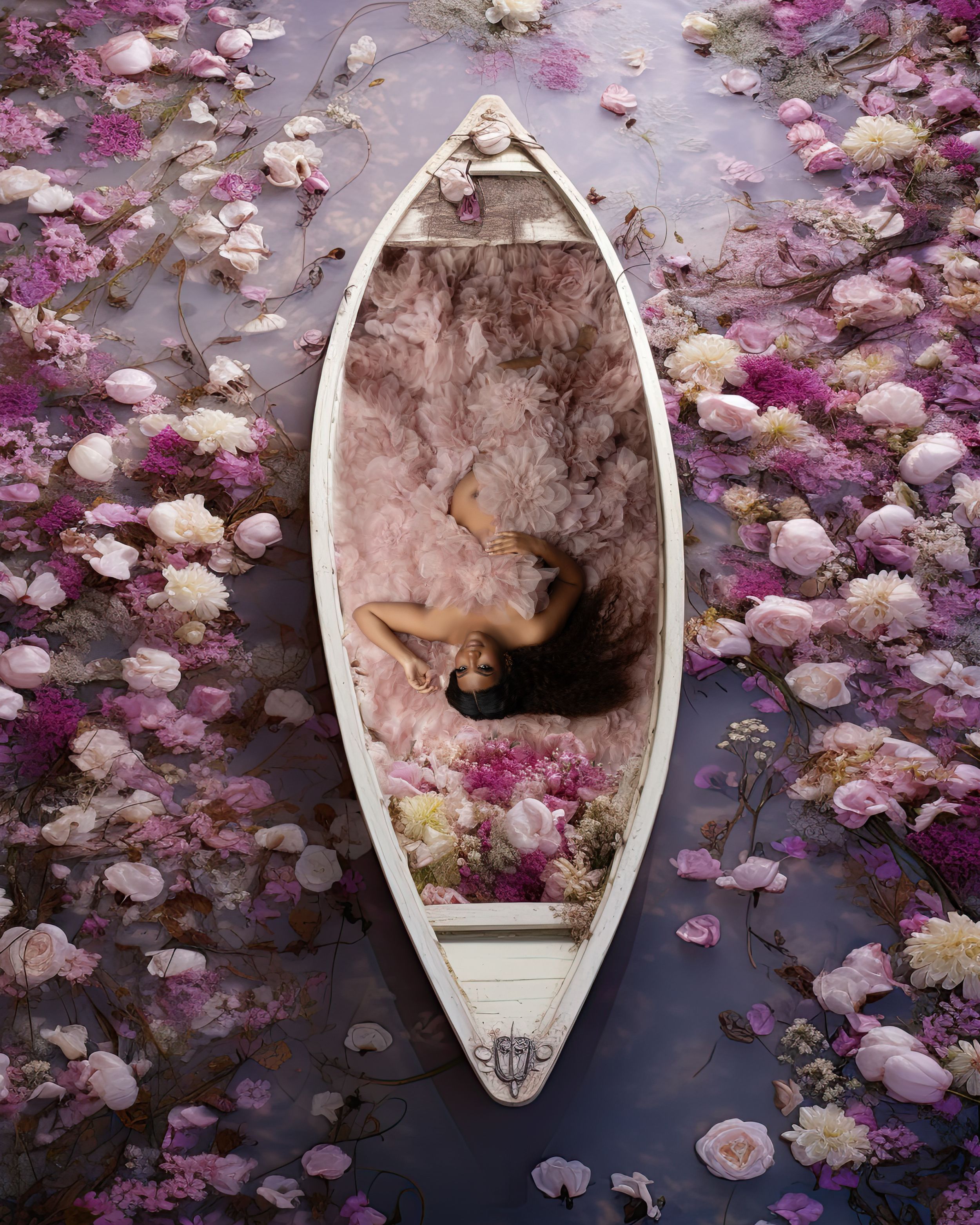 Artistic photograph of a white boat surrounded by pink and purple flower petals on water.
