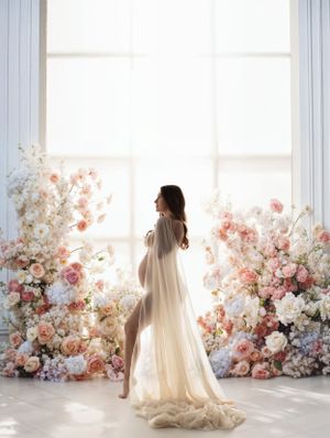 Figure in flowing white gown poses beside window with romantic pink and white floral arrangements in ethereal natural light.