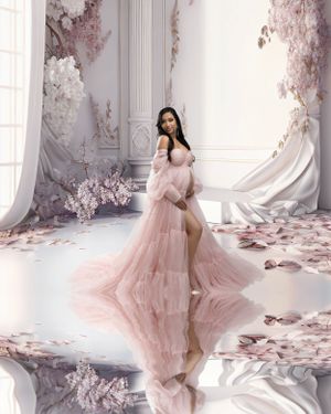 Ethereal maternity photoshoot in pink tulle gown with cherry blossoms in elegant white room with reflective floor.