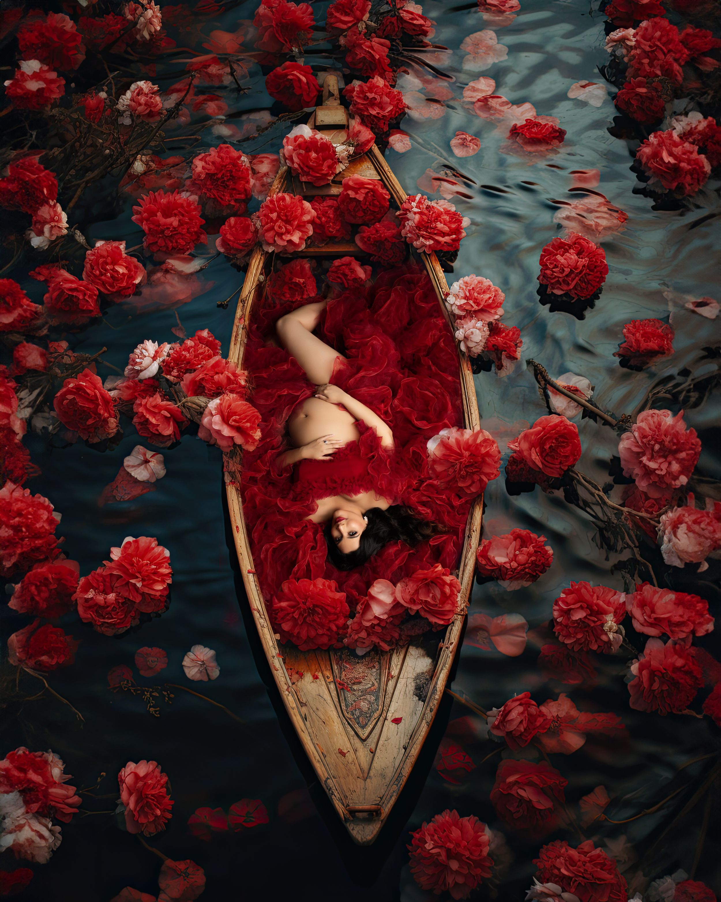 A wooden boat filled with red roses floats on dark water with rose petals scattered around in a dreamy artistic scene.