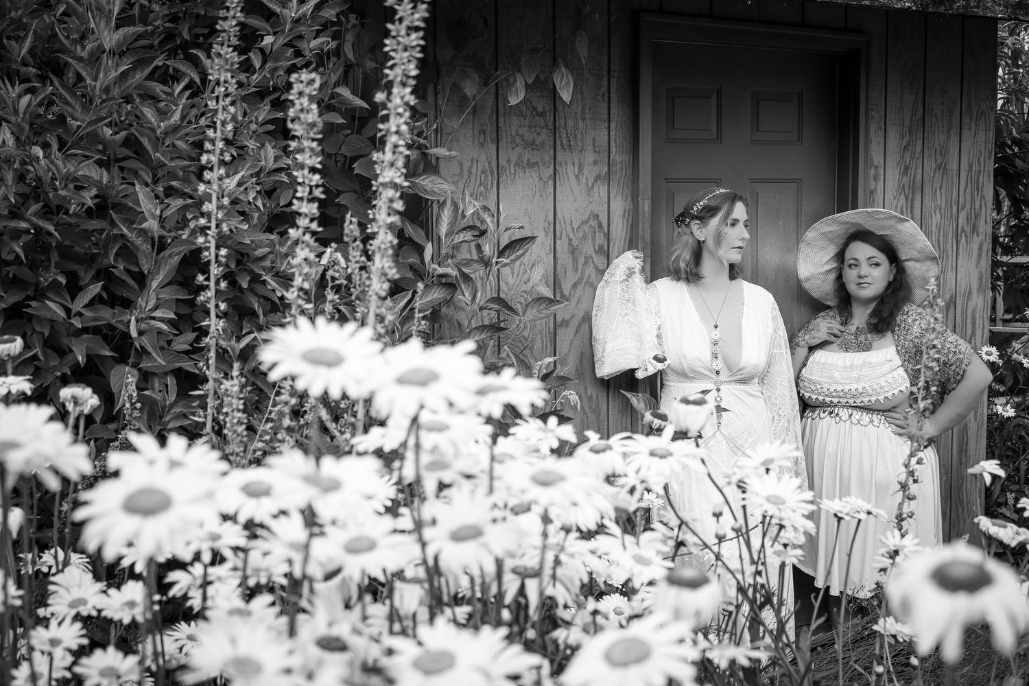 Two women in summer dresses stand in a garden filled with blooming daisies and delphinium flowers in black and white.