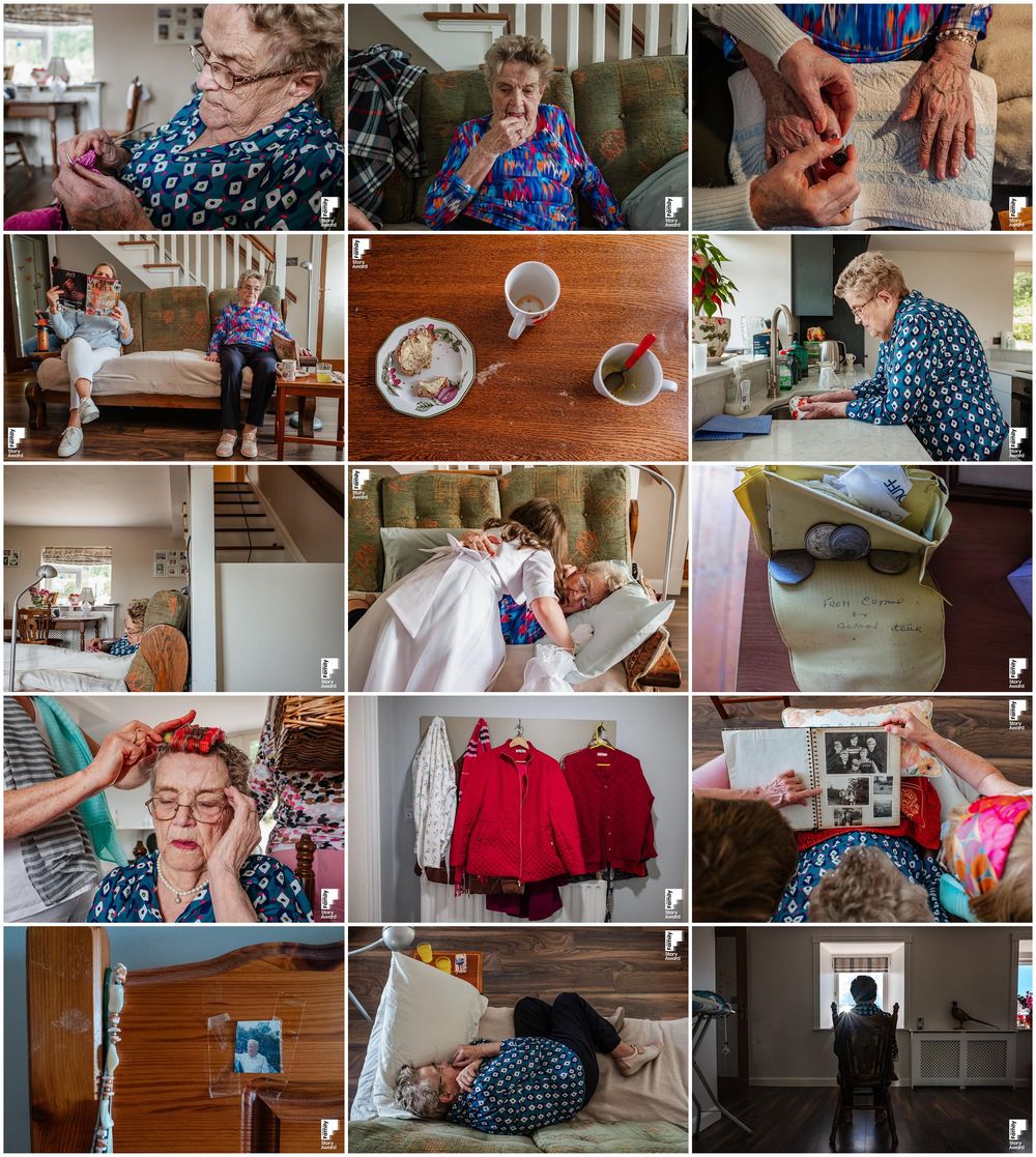 A collage showing various domestic scenes with coffee cups, clothing items, and interior home settings in warm lighting.