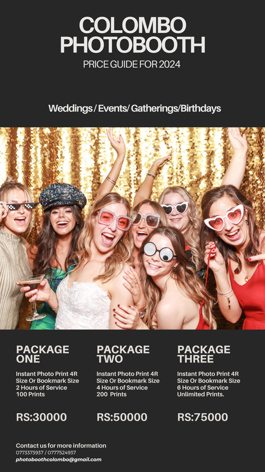 Photo booth service advertisement showing party guests having fun with props and pricing packages.
