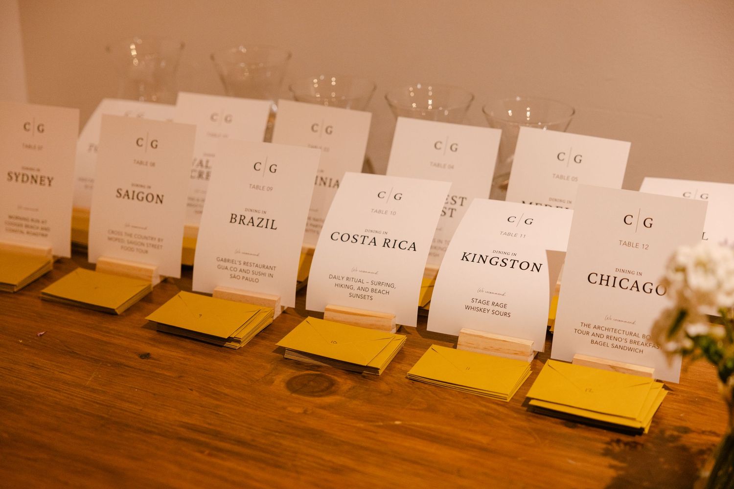 White escort cards with city names and gold bases line a wooden table at an elegant event setup.