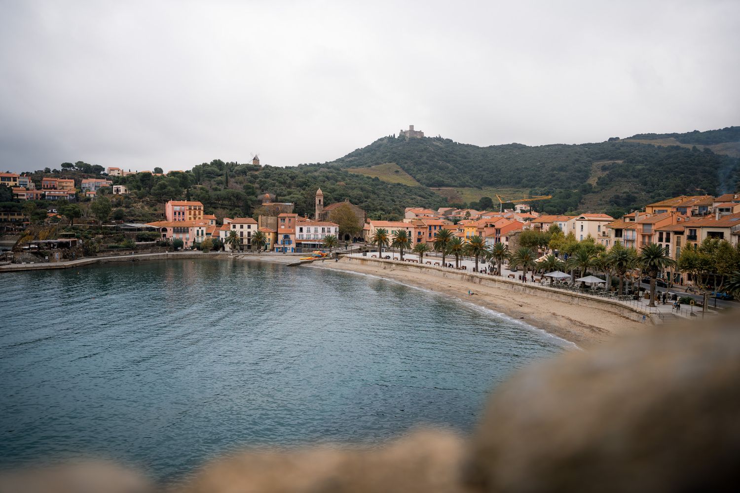 Plage de Collioure avec des maisons colorées et la montagne avec les vignes en arrière plan