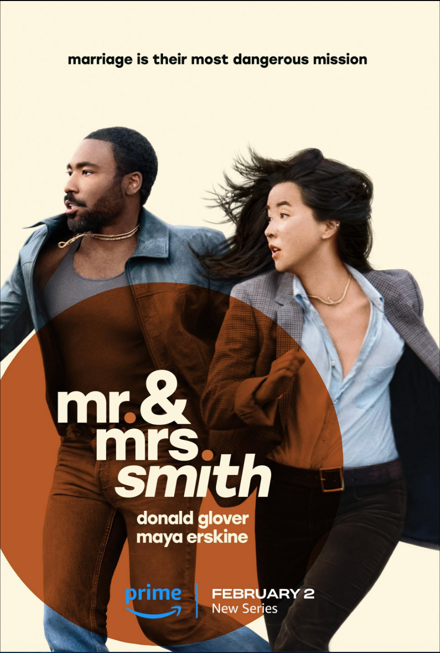 Prime Video series 'Mr. & Mrs. Smith' promotional banner showing dynamic action pose against orange background.