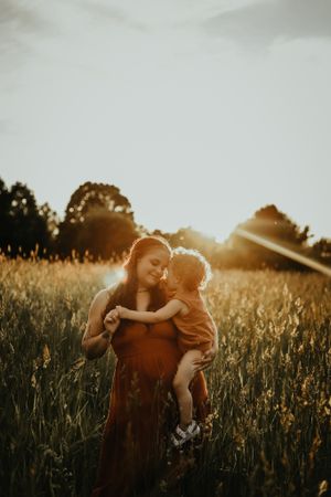 Sunset moment captured in golden field with warm backlighting.