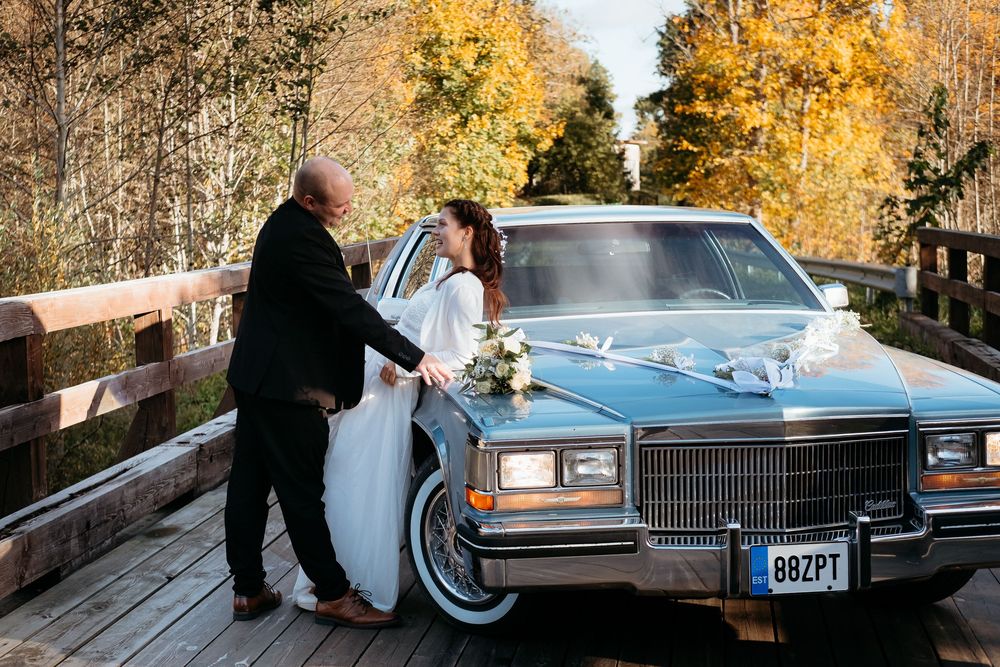 Vintage blue Cadillac parked in autumn setting with golden foliage and sunlight filtering through trees.