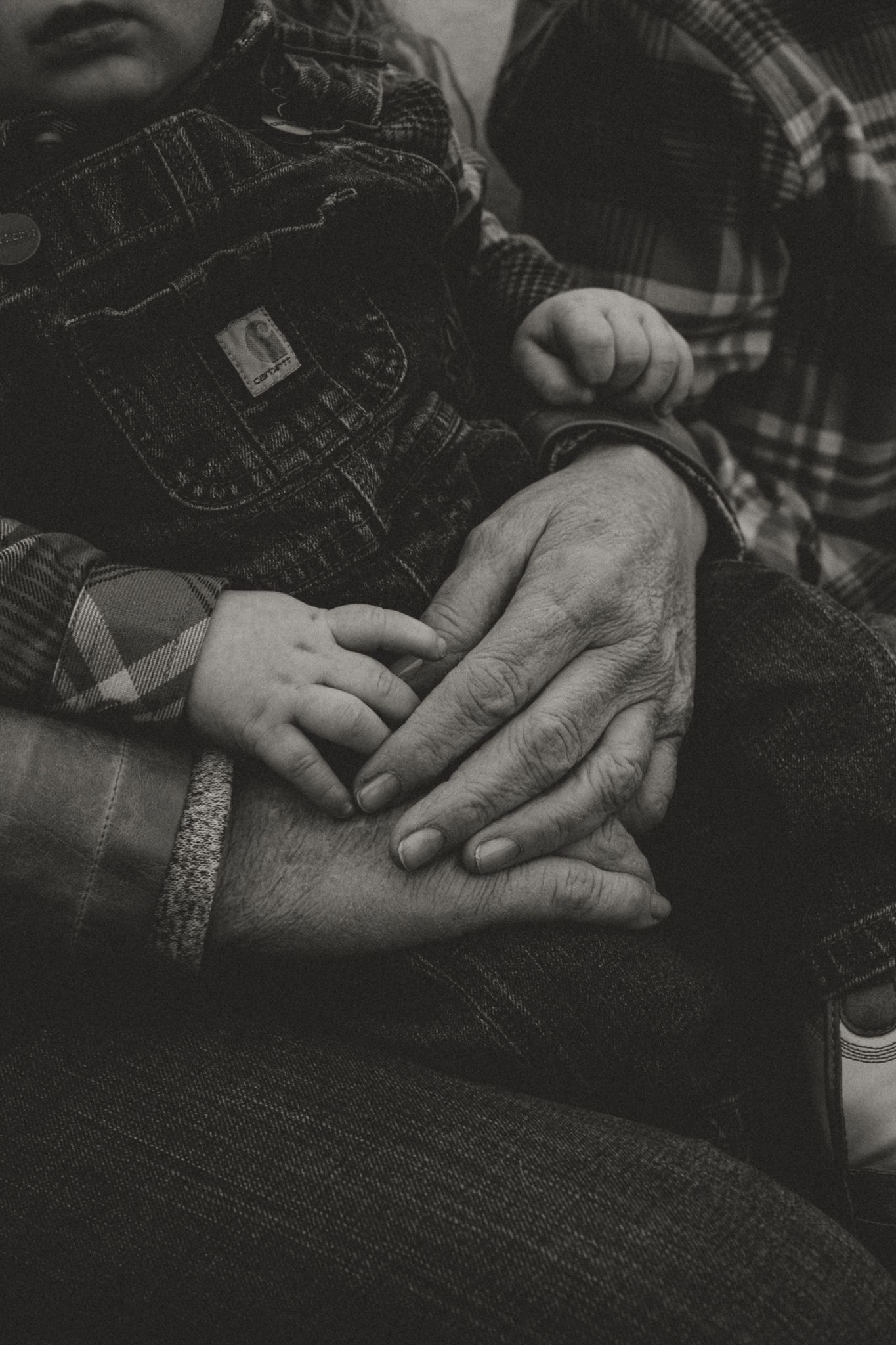 Black and white close-up of hands gently touching in intimate moment.