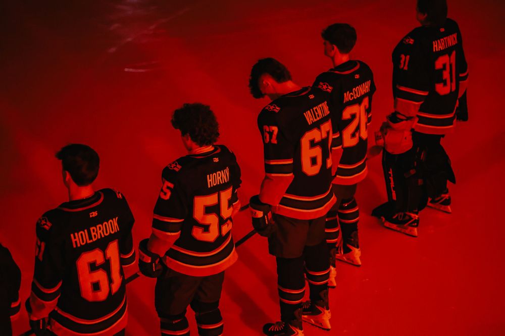 Hockey players in dark jerseys celebrate a goal on red-lit ice during an intense game moment.