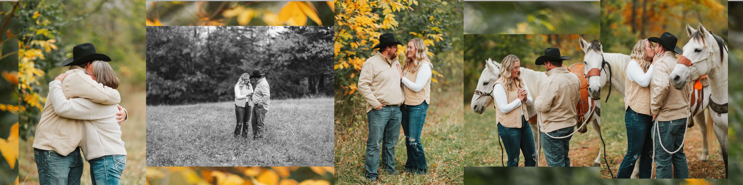 A series of outdoor family photo sessions showing candid moments and interactions in natural settings during autumn.