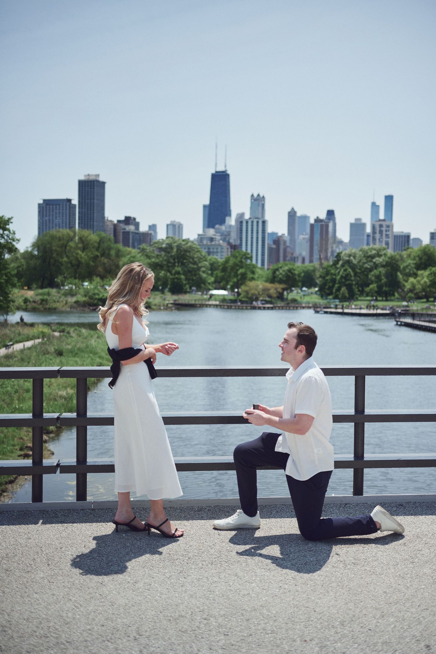 A marriage proposal sequence unfolds along Chicago's lakefront with the city skyline in the background.