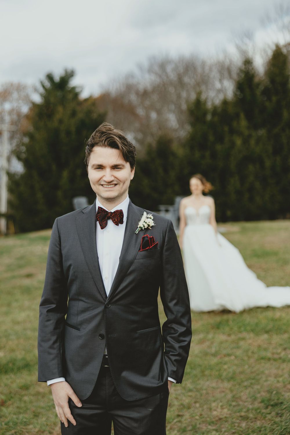 Wedding photos showing formal attire and a scenic outdoor setting with evergreen trees in the background.
