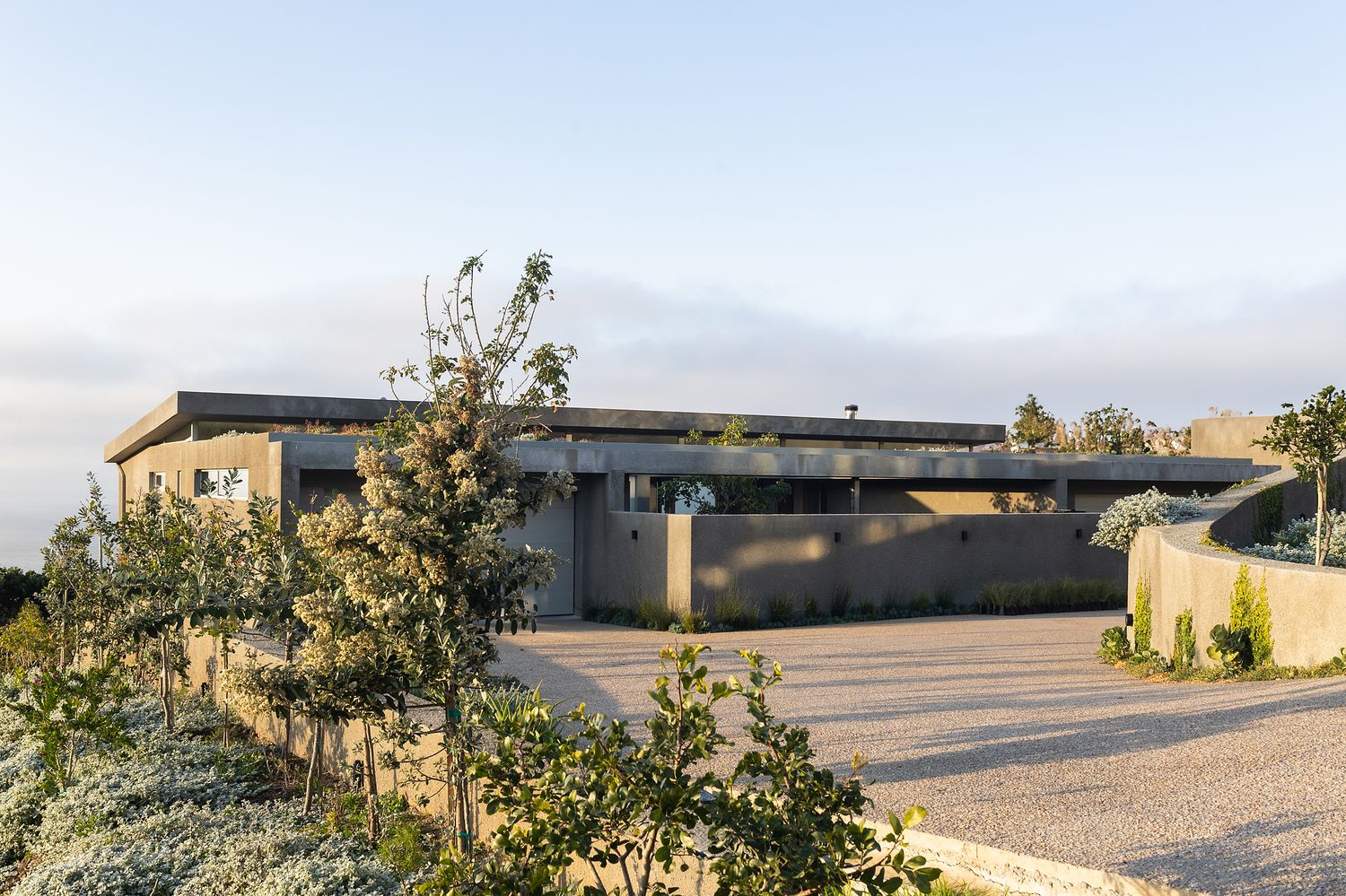 Exterior of a modern beachside house surrounded by greenery and overlooking the coastline