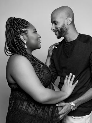 A romantic black and white photo series showing a couple in intimate poses against a light background.