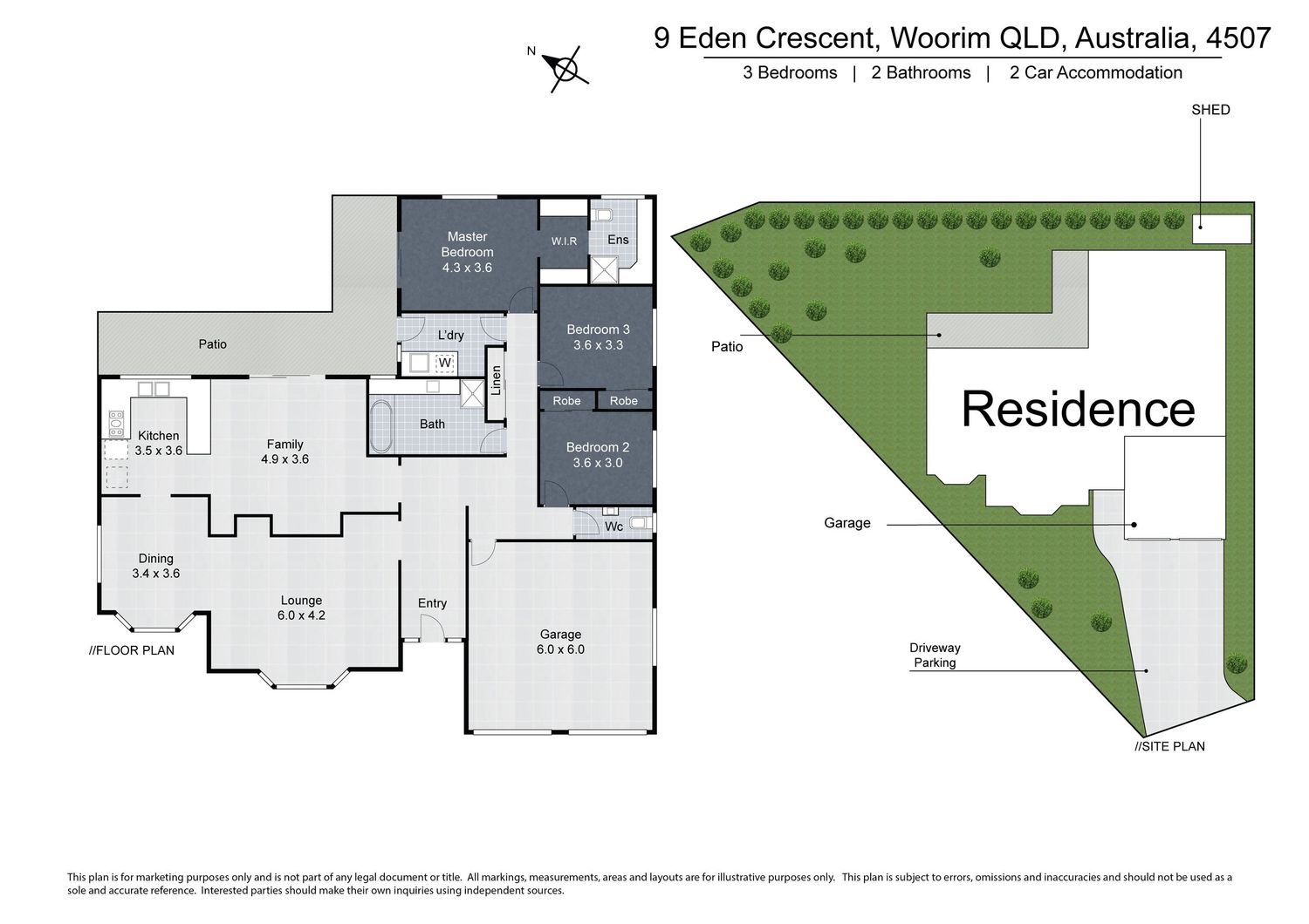Floor plan of 3-bed 2-bath home at Woorim QLD with 2-car garage and outdoor patio.