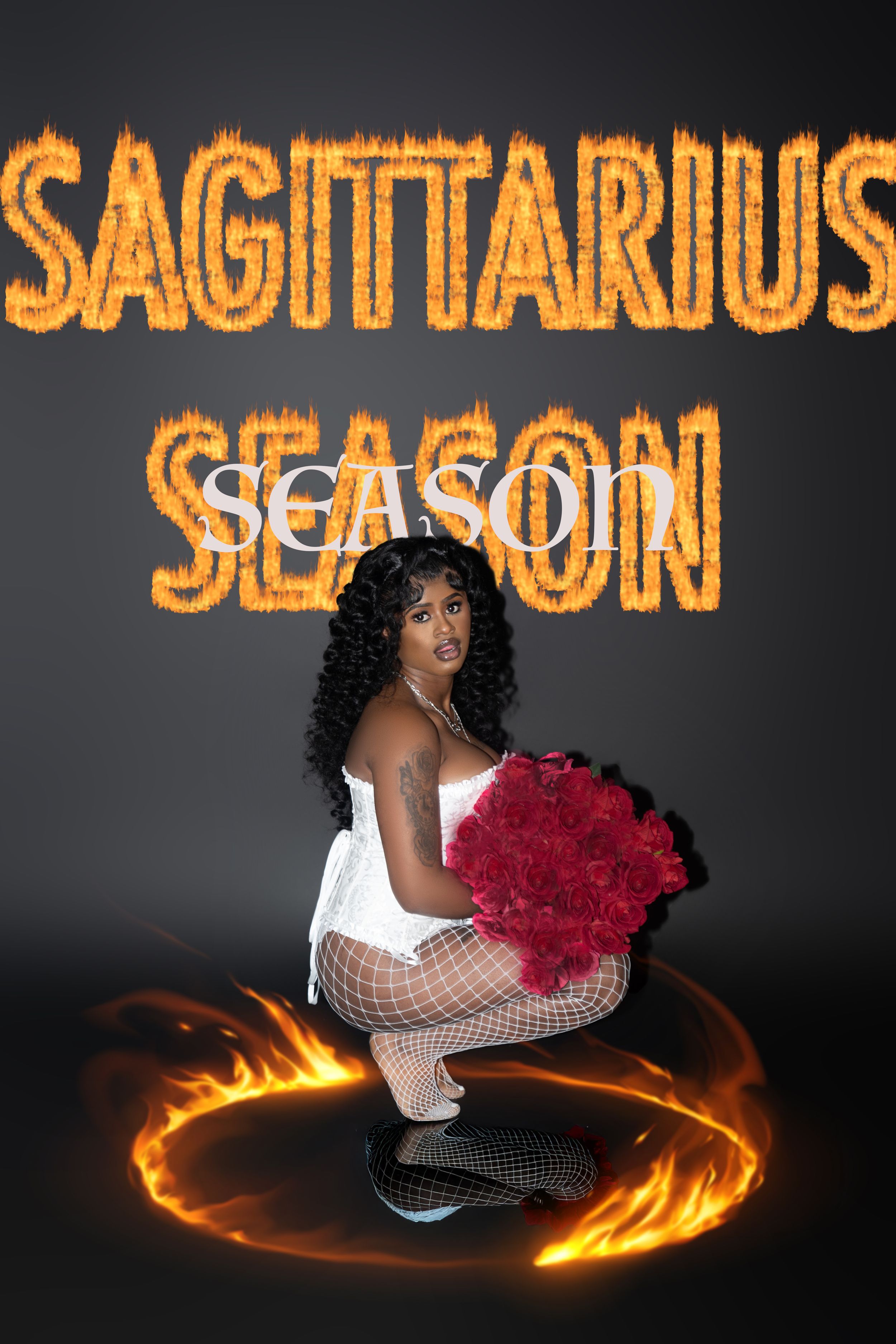 Woman crouching with red roses bouquet surrounded by flames, Sagittarius Season fiery text backdrop.